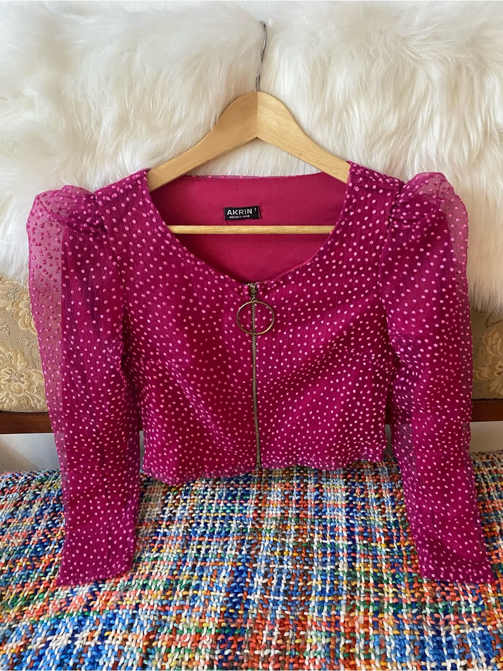 Magenta Polka-Dot Puff-Sleeve Zip Crop Top